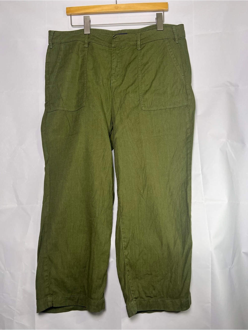 NYDJ Stretch Linen Wide Leg Cargo Capri Pants Green Size 16 Utility